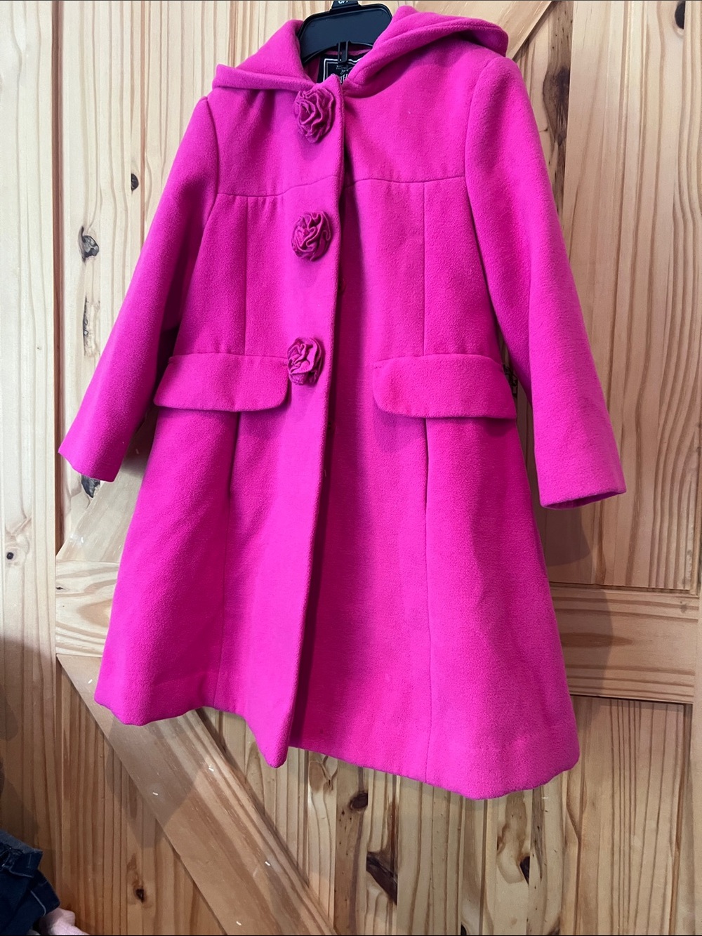 Rothschild Girls' Bright Pink Hooded Pea Coat with Rosette Buttons